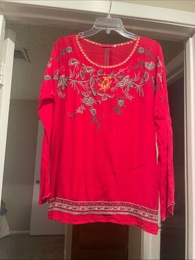 Johnny Was Sheer Embroidered Red Women's Long-Sleeve Tunic Top